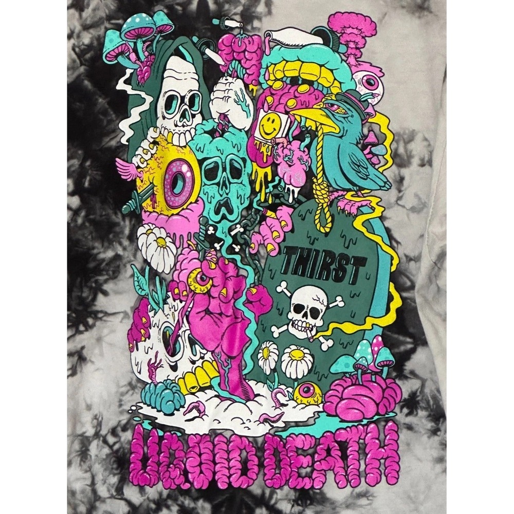 Liquid Death Black White Tie Dye‎ Graphic Tee Mens L Skull Psychedelic Grunge